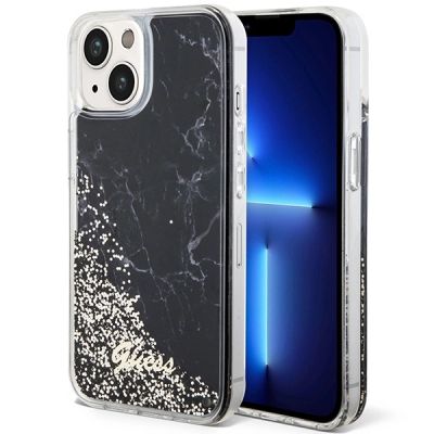 Guess Liquid Glitter Marble Hülle für iPhone 14 – Schwarz