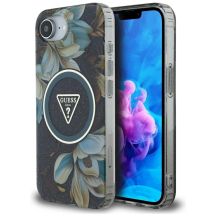 Guess IML Metal Glitter Flowers Triangle MagSafe Hülle für iPhone 16e - Schwarz