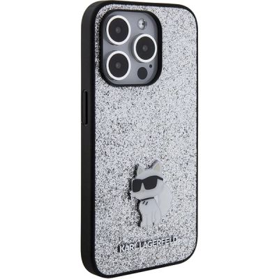 4. Karl Lagerfeld Feste Glitzer-Choupette-Logo-Metallnadelhülle für iPhone 15 Pro – Silber