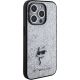 4. Karl Lagerfeld Feste Glitzer-Choupette-Logo-Metallnadelhülle für iPhone 15 Pro – Silber