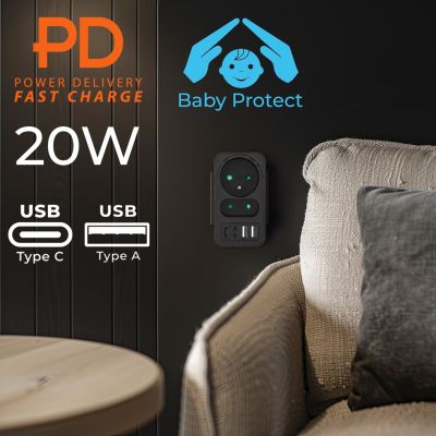 2. MACLEAN Steckdosenleiste x2 + 4xUSB, Verteiler mit 2 Steckdosen, 2xUSB-A, 2xUSB-C PD 20W, 1x16A + 1x6A MCE249 F/B