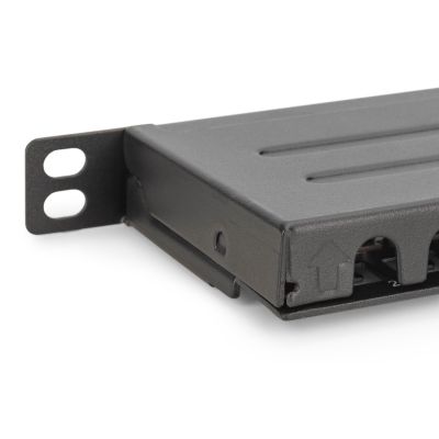 12. Hochdichtes Patchpanel 19 Zoll, 24x RJ45, LSA-Level, Cat. 6, geschirmt, 0,5 HE, schwarz, Kabelführung
