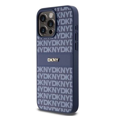 2. DKNY Lederhülle mit Monostreifen und Metalllogo für iPhone 15 Pro Max – Blau