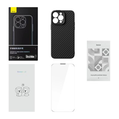 9. Gepanzerte Hülle für iPhone 14 Pro kompatibel mit MagSafe Baseus Kunstfaser-Hartglas – Schwarz