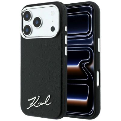 Karl Lagerfeld Saffiano MagSafe Hülle mit kleinem Schriftzug und Metalllogo für iPhone 17 Pro Max / 18 Pro Max – Schwarz