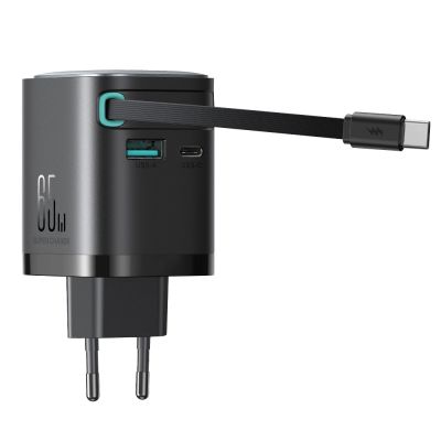 6. Joyroom JR-TCL02 65W USB-A USB-C GaN-Ladegerät mit integriertem USB-C-Kabel – Schwarz