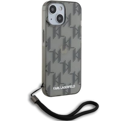 3. Karl Lagerfeld IML Mono KL Pattern & Cord Hülle für iPhone 15 / 14 / 13 – Schwarz