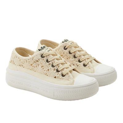 Lee Cooper Damenschuhe, Sport-Sneaker, beige Plateau, Schnürung
