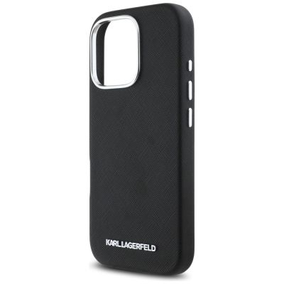 6. Karl Lagerfeld Saffiano Vollständig umwickeltes längliches Metalllogo MagSafe iPhone 16 Pro Hülle - Schwarz