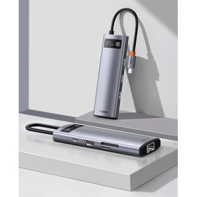 12. Baseus Metal Gleam 8in1 USB-C Hub - USB-C PD 100W 1x HDMI 4K 30Hz 1x SD- und microSD-Kartenleser 3x USB-A 3.2 1xRJ45 - grau