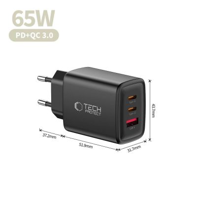 6. Tech-Protect NCA65W-GAN 3-Port 65W Wandladegerät – Schwarz