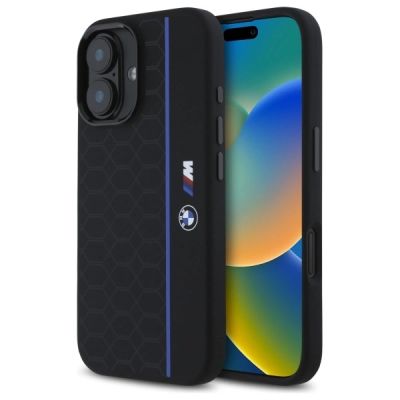 BMW Silikon Hexagon Blue Line MagSafe Hülle für iPhone 16 – Schwarz