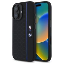BMW Silikon Hexagon Blue Line MagSafe Hülle für iPhone 16 – Schwarz