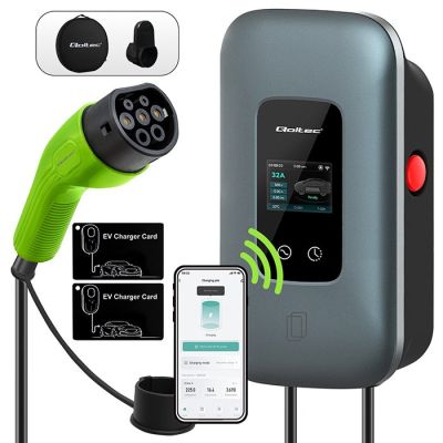 4. Qoltec EV-Ladestation Typ 2 für Elektro- und Hybridfahrzeuge | 3-phasig | 22 kW | 32 A | WLAN | LCD | RFID | Smart Life | TUYA | Wallbox | 5 m