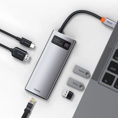 10. HUB Baseus Metal Gleam 6in1 USB-C - USB-C PD 100W 1x HDMI 4K 30Hz 3x USB-A 3.2 1x RJ45 - grau