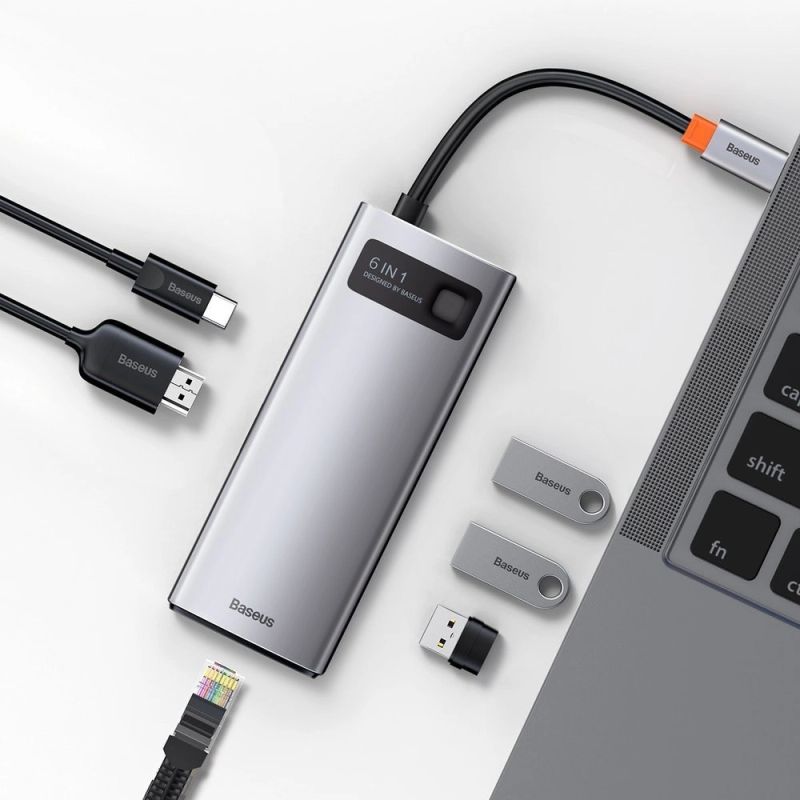 10. HUB Baseus Metal Gleam 6in1 USB-C - USB-C PD 100W 1x HDMI 4K 30Hz 3x USB-A 3.2 1x RJ45 - grau