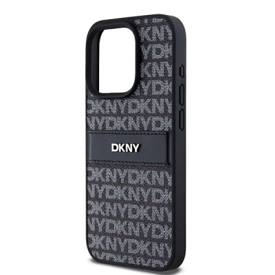 6. DKNY Lederhülle mit Monostreifen und Metalllogo für iPhone 15 Pro Max – Schwarz