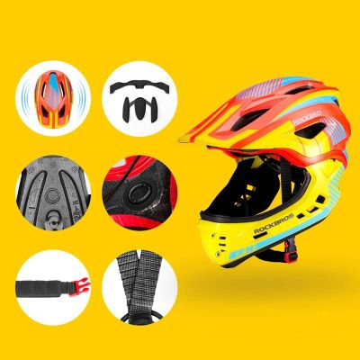 4. Rockbros TT-32SOYB-M Kinderfahrradhelm mit abnehmbarem Kinnbügel, Größe M – gelb-orange