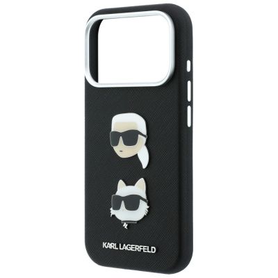 7. Karl Lagerfeld Saffiano Karl&Choupette Heads Pins Strap Logo Case für iPhone 18 Pro / 17 Pro - Schwarz