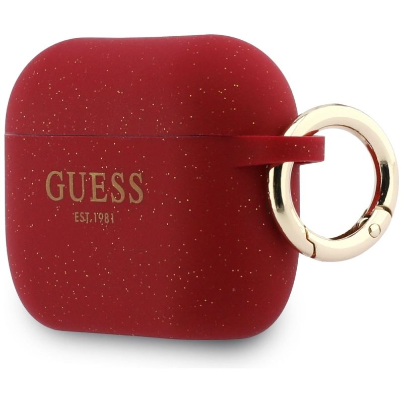 3. Guess Silikon-Glitzerringhülle für AirPods Pro 3 – Rot und Glitzer