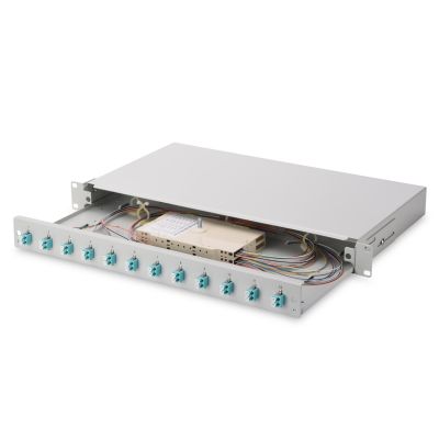 5. FO-Patchpanel mit Ausstattung 19 Zoll 1 HE, 12x LC DX, OM3, Anschlusskabel, Adapter, Einschubfächer, verschiebbar, grau
