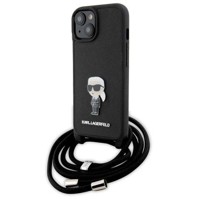 Karl Lagerfeld Umhängetasche mit Saffiano-Monogramm und Metallnadel, Karl & Choupette-Hülle für iPhone 15 – Schwarz