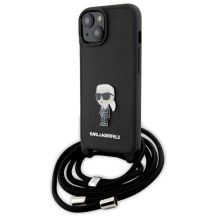 Karl Lagerfeld Umhängetasche mit Saffiano-Monogramm und Metallnadel, Karl & Choupette-Hülle für iPhone 15 – Schwarz