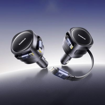 8. Baseus Enjoyment Max 60W Autoladegerät mit einziehbaren USB-C- und Lightning Kabeln – Schwarz