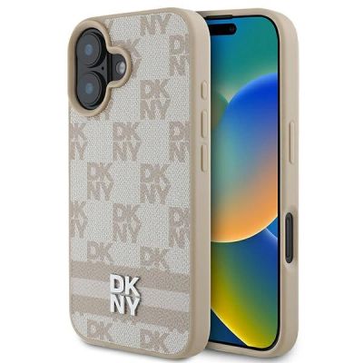 DKNY Checkered Pattern & Printed Stripes Hülle für iPhone 16 – Rosa