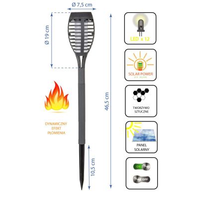 11. Solar-Taschenlampe mit tanzenden Flammen, 12 SMD-LEDs, 7,5 x 7,5 x 46,5 cm, Grau