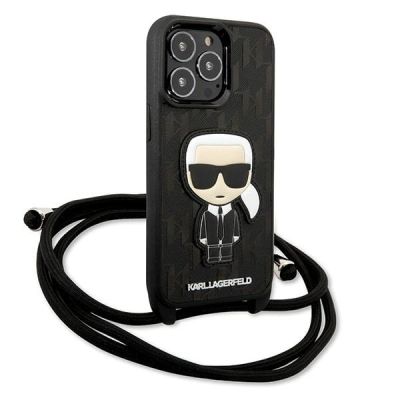 3. Karl Lagerfeld Iconik Case aus Leder mit Monogramm-Patch und Kordel für iPhone 13 Pro / 13 - Schwarz