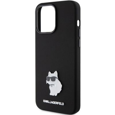 6. Karl Lagerfeld Choupette Metal Pin-Hülle aus Silikon für iPhone 15 Pro Max – Schwarz