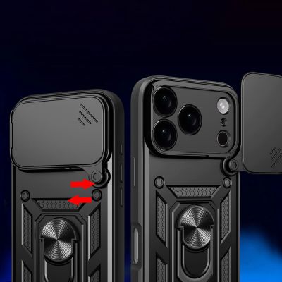 6. Hybrid Armor Camshield iPhone 17 Pro Hülle mit Ständer und Kameraabdeckung - Schwarz