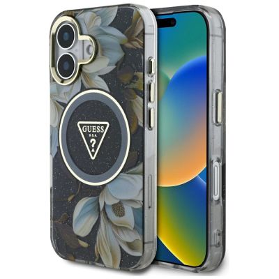 Guess Glitter Flowers Triangle Buttons MagSafe Hülle für iPhone 16 schwarz