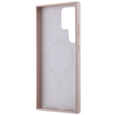 7. Guess 4G Collection MagSafe Leder-Metall-Logo-Hülle für Samsung Galaxy S24 Ultra – Pink