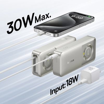 7. Baseus Free2Pull 10000 mAh 30 W Powerbank mit USB-C-Anschluss und einziehbarem USB-C-Kabel – Grau