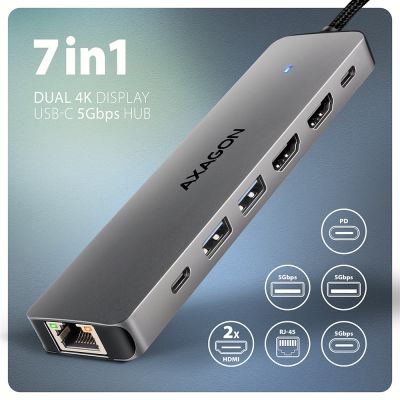 10. Axagon HMC-7HX2 USB-Hub USB 3.2 Gen 1 (3.1 Gen 1) Typ-C Grau