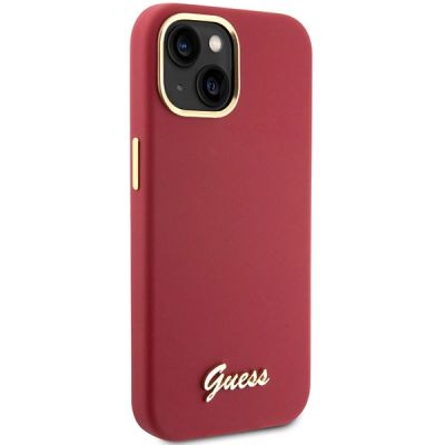 4. Guess Silikon Script Metal Logo & Frame Hülle für iPhone 15 – Rot