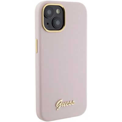 4. Guess Silikon Script Metal Logo & Frame Hülle für iPhone 15 – Rosa