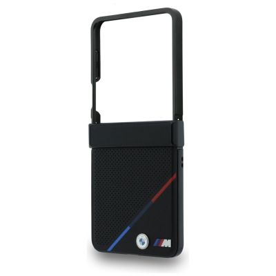 5. BMW M Lederhülle mit perforiertem dreifarbigem Streifenmuster, Metalllogos und MagSafe-Funktion für Samsung Galaxy Z Flip 8 – Schwarz