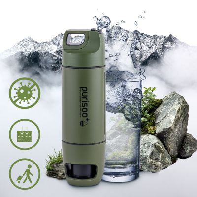 Extralink PURISOO+ Flasche mit Filtersystem und Pumpe, 400 ml, UF + ACF Filter, Wasserfilterflasche 0,4 l, Grün, Oliv