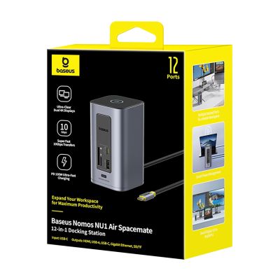 7. Baseus NU1 Air Spacemate Hub 12-in-1 USB-C Dockingstation – 2x HDMI 4K@60Hz, 2x USB-C 10 Gbit/s, 2x USB-A 5 Gbit/s, 2x USB-A (480 Mbit/s), RJ45, SD/microSD 3.0, USB-C (PD) – Grau