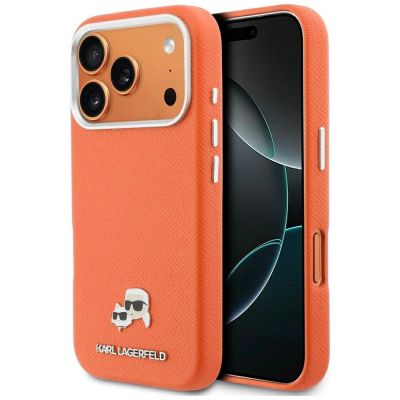 Karl Lagerfeld Karl & Choupette Head Pins Saffiano MagSafe Hülle für iPhone 17 Pro - Orange