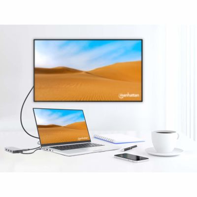 8. MANHATTAN 8-in-1 USB-C Dockingstation mit USB 3.2 Gen 1 Power Delivery, Typ-C Stecker auf HDMI Buchse, drei USB-A Anschlüssen, Gigabit RJ45 Anschluss, USB-C Power Delivery Anschluss, SD/MicroSD Kartenleser, Aluminium, Space Grau (13061)