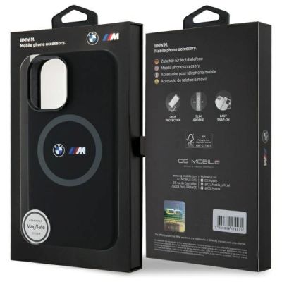 8. BMW M Silikonhülle mit bedrucktem Ring und MagSafe-Aufdruck für iPhone 16 – Schwarz